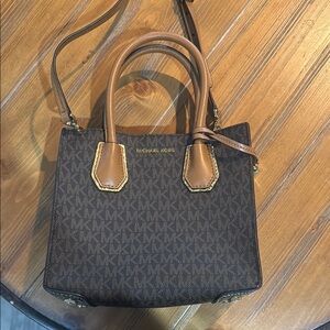 Michael Kors Brown and Tan Satchel with Structured Shape and Textured Fabric